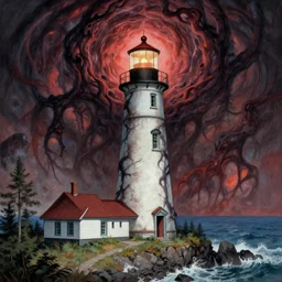 an idyllic Maine lighthouse being consumed by an eldritch horror, by Greg Rutkowski and Thomas Kinkade.