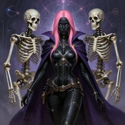 female steampunk necromancer, skintight black clothes, dark purple cape, cute, black skin, pink straight hair, robotic skeleton companions, high fantasy, futuristic fractal background, dnd, highly detailed, two arms, detailed face, smooth, sharp focus, digital painting, by artgerm and greg rutkowski and alphonse mucha