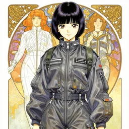 a copic maker manga portrait illustration by yoshiyuki sadamoto and alphons mucha of a japanese girl highly detailed anime eyes wearing streetwear pilot suit lots of zippers, pockets, synthetic materials, jumpsuits by issey miyake and balenciaga 8 k