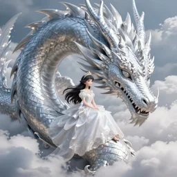 beautiful scene render that a princess rely on a huge silver white dragon back, finely detailed angelic face delicate features, facial symmetry, in the fairyland surrounded by white clouds, perfectly shaded, atmospheric lighting, style of makoto shinkai and peter mohrbacher, studio ghibli. artgerm, karol bak, beeple, animation style, 4 k hd, hyper detailed