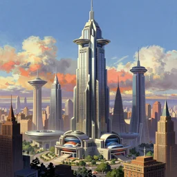 concept art image of a fantastic detailed dmt skyscraper amidst a futuristic city against a colorful sky, by sid mead, by anton fadeev, by denise scott brown, by studio ghibli, concept art
