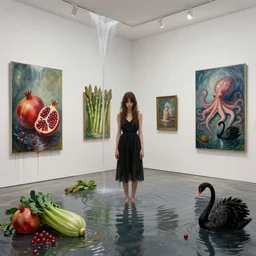 painting of a flooded modern art gallery and a tall emo girl, sensual, art gallery interior, paintings dripping, waterfall, pomegranates, courgette and asparagus, octopus, zen, black swans, berries, 1 6 mm lens, surrealist, by magritte and monet