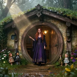beautiful brunette witch in a medieval hobbit home, ornate, beautiful, atmosphere, vibe, mist, rain, wet, rain drops, puddles, forest, flowers, concept art illustration, color page, 4 k, tone mapping, doll, akihiko yoshida, james jean, andrei riabovitchev, marc simonetti, yoshitaka amano, digital illustration, greg rutowski, volumetric lighting, sunbeams, particles