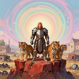 portrait shot of tigers on a red cliff in a junkyard farm medium shot, imogen poots, paladin, gloomhaven, armor, colorful swirly magic ripples, pastel colours, by greg manchess, huang guangjian, sachin teng, greg rutkowski, jesper ejsing, ilya kuvshinov