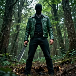 movie poster of the psychopath killer in green leather jacket, black pants and bandana holding a machete, in the woods, hole body. film. 4 k