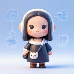 anthropomorphic cute 3 d female accompanying artificial intelligence abstraction blueprint on background, leonard da vinci style