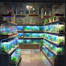 low contrast unassuming mild pleasant pleasing two - point - perspective anime background clean neat clarity professional visual development set design, tiny cozy store with many hanging bird cages and orderly shelves of bright fish aquariums, neat rows of sparse planted terrariums, dim painterly lighting volumetric aquatics, impasto, trending on pixiv