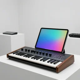 dezeen showroom , minimalissimo, archdaily, , teenage engineering moad, mother of all decks, product design concept,product shot of moog melotron synthesizer with ipad gradient screens designed by jony ives, patricia urquiola, dieter rams, 8k, highly detailed photo