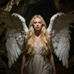 very pretty blond female angel with huge wings in a dark cave, perfect symmetrical face, shallow depth of field, moody lighting, single point of light, 8 k, cultural realistic, in the style of martina fackova,