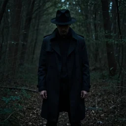 shadowy man wearing a trenchcoat and a fedora in a liminal forest, uneasy feeling