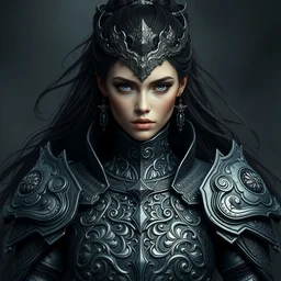 portrait of beautiful female warrior by irakli nadar with intricate detailed wearing heavy armor dress designed by alexander mcqueen and rocky gathercole, perfect symmetrical pose, haunting, elite, elegant, ruan jia, dark, hyper detailed, concept art, by gustav klimt,
