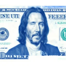 currency design like a dollar bill, blue, with the design of Keanu Reeves with a cigar and glasses printed on currency paper, currency symbols printed, highly detailed, realistic, octane render
