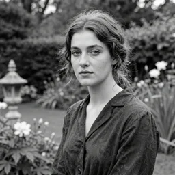 black and white - portrait of a beautiful woman in an english garden by jean gerome, edward hopper and jenny saville and james jean, hyper detail, 8 k, high resolution, ultra detailed