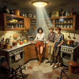 highly detailed wide - angle portrait of a retro 1 9 6 0 s kitchen, nicoletta ceccoli, mark ryden, lostfish, earl nore, hyung tae, frank frazetta, global illumination, god rays, detailed and intricate environment
