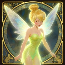 kiernan shipman as tinkerbell glowing, a beautiful art nouveau portrait by Gil elvgren and Hajime Sorayama, moonlit starry sky environment, centered composition, defined features, golden ratio, golden glow