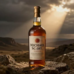 michael scott as a bottle of scotch, surrealist, brown and gold