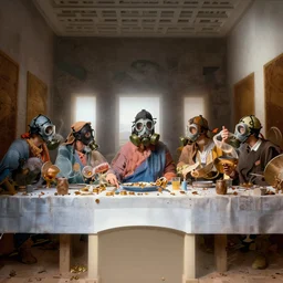 the last supper in gas masks, hyperrealistic, volumetric golden dappled dynamic lighting, highly detailed, sharp focus, elegant, by pablo poliakov, alina polovinkina, javi f. flores, michael komarck, greg rutkowski, victo ngai, artgerm, willem claesz heda and j. dicken