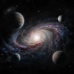 a vast dark galaxy with five clearly visible planets, intricate, highly detailed, digital painting, concept art, illustration, deep dark, artstation, Profound and vast, black, by Gioele Muscolino