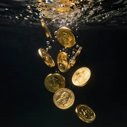shiny gold coins falling underwater, bubbles, cinematic style, ultra realistic, dark, hdr