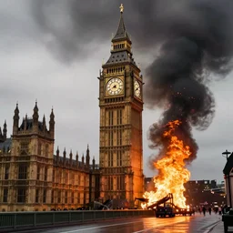 the big ben being burned down, cinematic, rtx, fantasy artwork, beautiful, revolutionary, unreal, epic