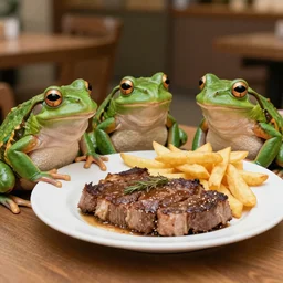 frogs enjoying a steak and fries dinner