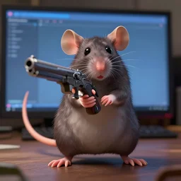 a rat is holding a gun and pointing it at the viewer, concept art by grillo demo, cgsociety, furry art, playstation 5 screenshot, dynamic pose, unreal engine 5