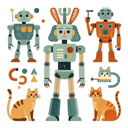 a maya hieroglyph with robots and cats, colored, white background