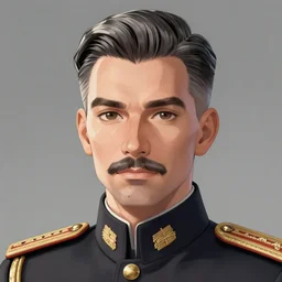 closeup upper body artwork of a field colonel with slicked back grey hair and trimmed small mustache, anime key visual, incredibly detailed, D&D, finished concept art, digital art by Vladimir Kush, trending on Artstation