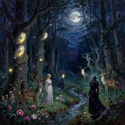 painterly dreamy Kupala Night in the forest with trees, flowers, glowing owls, deers, women, lianas, thistles, fantasy creatures, a stream and sky with moon and stars by Beksinski, Alex Grey and Giger dark fantasy, witcher, very detailed oil painting in the alla prima style, masterpiece, 8k