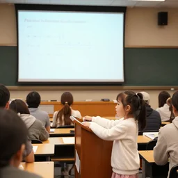 a cute four year old Chinese girl standing at a Lectern, gives a lecture on advanced mathematics class at Harvard University in front of a class of adult students