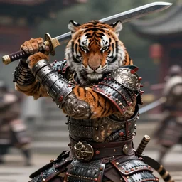 realistic detailed semirealism tiger man wearing samurai armor. Tiger_character, tiger_beast, 獣, FFXIV, iconic character splash art, angry character wielding a sword, sword, katana, blurred background tiltshift, dramatic cinematic Detailed fur, detailed metal textures, 4K high resolution quality artstyle professional artists WLOP, Aztodio, Taejune Kim, Guweiz, Pixiv, Instagram, Artstation