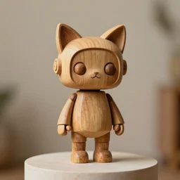 realistic a wooden sculpture, art toys on a pedestal, a very cute mystical robot of the bohemian with cat's ears in a zen rebelle