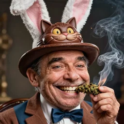 hyper realistic, close up portrait of a derpy mr. bean, big chungus, with bunny ears, and a cheshire chocolate, alice in wonderland, cat hat, smoking massive amounts of weed, big smile, buck teeth, by greg rutkowski, scott m fischer, artgerm, loish, slight glow, atmospheric, anne stokes, alexandros pyromallis, 4 k, 8 k