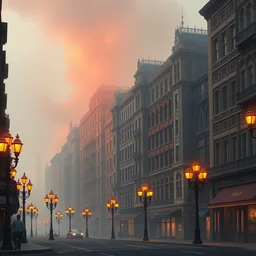 a victorian - era street with humongous buildings, beautiful digital art, volumetric lighting, thick smog, orange street lamps, highly detailed, professional
