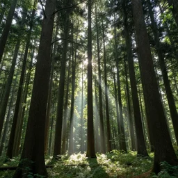 photo of a forest, godrays, hyper realistic, tall trees,