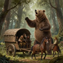a detailed concept art of a big brown screaming standing up bear attacking three medieval gipsies in a medieval merchant wagon with a broken wheel with two horses in the sherwood forest. trending on artstation, craig mullins, rutkowski