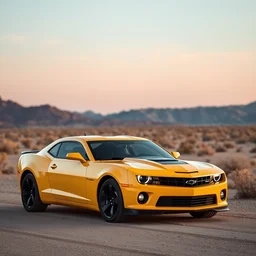 butternut yellow camaro in the middle of the desert, professional photography