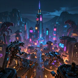 overcrowded sci - fi steampunk and neonpunk mechanical fluorescent mystical city in a mountain landscape with monsters, night, realism in style of fornite game, 4 k, octane render, award winning photograph, epic cinematic shot, perfectly defined features, ambient occlusion
