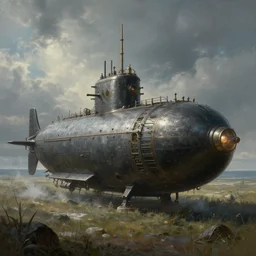 a beautiful and extremely detailed painting of a gothic submarine in a great steppe, trending on artstation by anton fadeev, matte painting, dynamic lighting, ultrarealistic, cinematic, octane render, unreal engine, 8 k