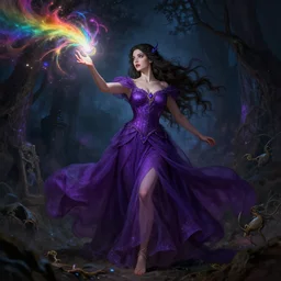 sorceress by artgerm, brunette, casting a spell, rainbow coloured magic sparks, full body