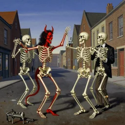 skeletons dance with the devil and have a great time in town, edward hopper and james gilleard, zdzislaw beksinski, in the style of francis bacon, surreal, norman rockwell and james jean, greg hildebrandt