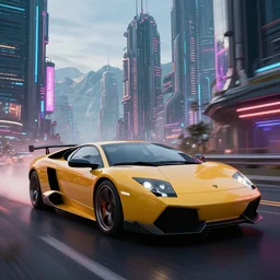 epic professional digital art of photorealistic synthwave lamborghini murcielago driving through neon cyberpunk futuristic city towers, mountains in background, detailed, intricate, sporty, unreal engine 6, maya render