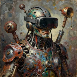 junky god, cybertronic gadgets and vr helmet, durty colours, rotten textures, rusty shapes, biotechnology, tim hildebrandt, wayne barlow, bruce pennington, donato giancola, larry elmore, oil on canvas, masterpiece, trending on artstation, featured on pixiv, cinematic composition, hyper - detailed, hd, hdr, 4 k, 8 k