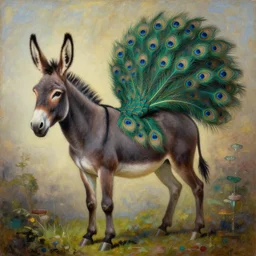 painting of a beautiful rendition of the mythical adramelech, fabulous servant of lucifer, with the head of a donkey, and a peacock tail, illustration, artistic, colorful, hyper detailed, in the style of greg rutkowski,