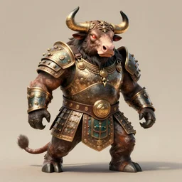 minotaur wearing ancient armor, bull headed, bulky body, beksinski