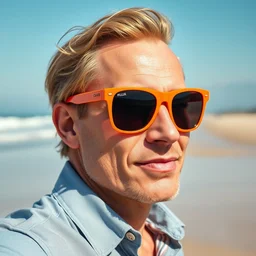orange wearing sunglasses at the beach, professional photo
