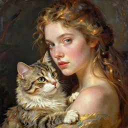 woman and cat, intricate details by greg rutkowski, artgerm, ross tran, conrad roset, takato yomamoto, ilya kuvshinov