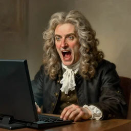 portrait of isaac newton screaming to a computer, artwork by gaston bussiere, craig mullins, trending on artstation