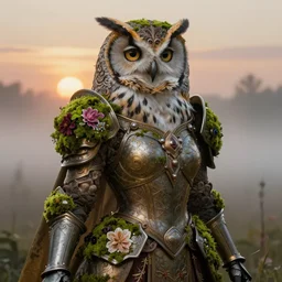 hyperdetailed portrait of beautiful queen's flower moss armored girl owl in the fog. by greg rutkowski, highly detailed portrait, digital painting, artstation, concept art, smooth, sharp foccus ilustration, artstation hq. intricate, elegant. art by wlop and artgerm and greg rutkowski and alphonse mucha, masterpiece. medium shot. sunset dramatic.