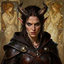 closeup portrait of a surly and resentful female tiefling thief with grit and small horns clothed in leather armor and a cloak, angry expression, by Greg Rutkowski and John Collier and Krenz Cushart and Artem Demura and Alphonse Mucha and Albert Aublet, as seen on ArtStation, 4k, dungeons and dragons, very aesthetic, very detailed, intricate, unreal, fantasy, dramatic, painterly, artstation, sharp focus, smooth